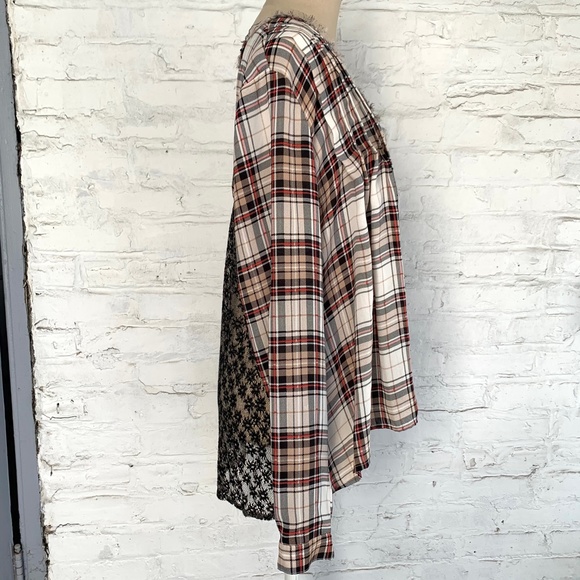 Hazel plaid blouse with lace back brown red check sheer long sleeve - Picture 5 of 9